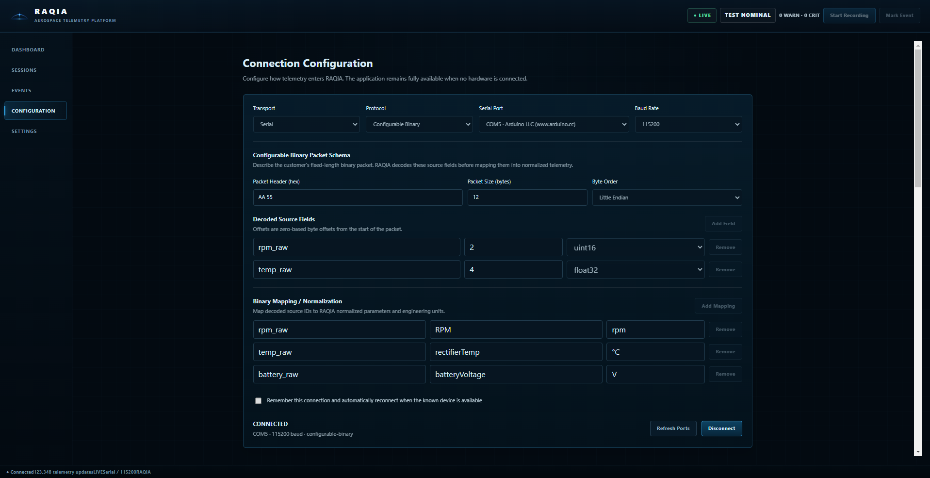 RAQIA connection and protocol configuration interface