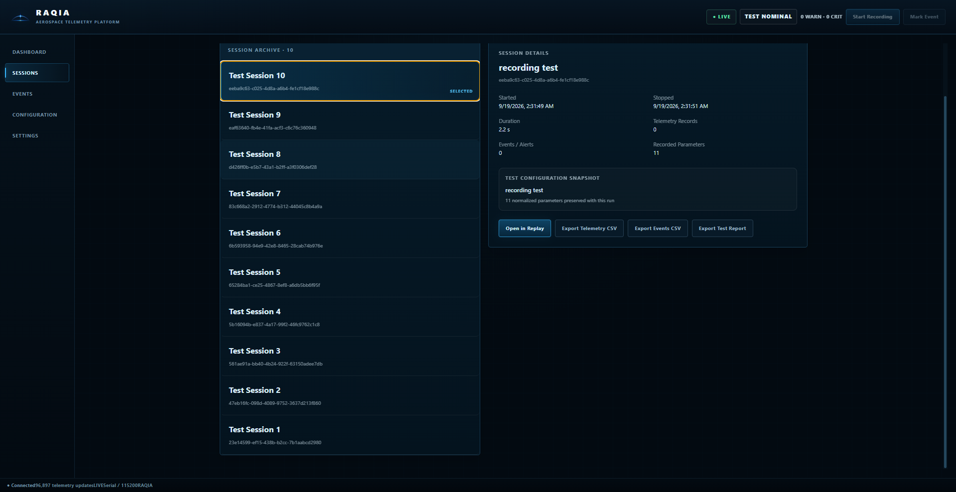 RAQIA Test Sessions interface showing recorded engineering test sessions